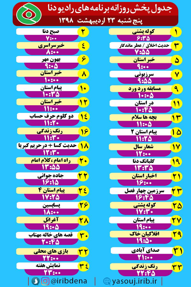 جدول پخش برنامه های امروز رادیو دنا