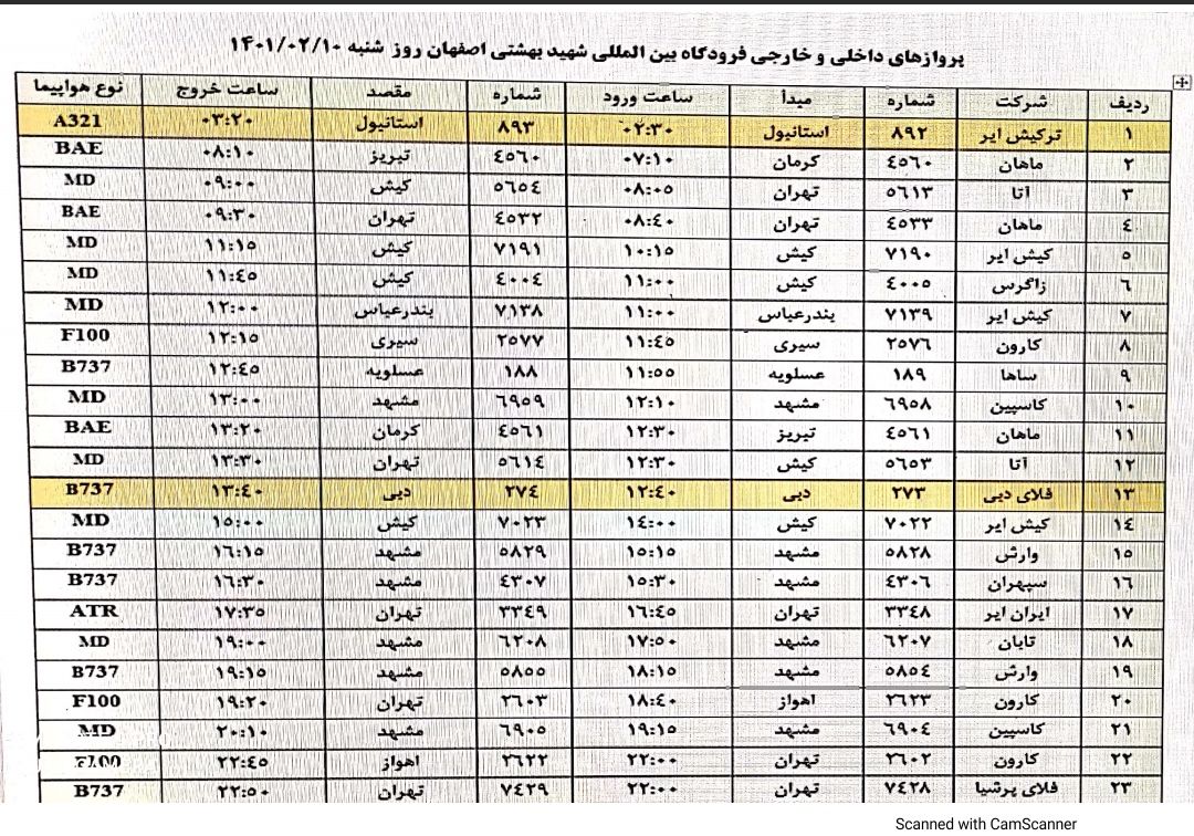 برنامه پرواز‌های فرودگاه اصفهان در روز شنبه دهم اردیبهشت