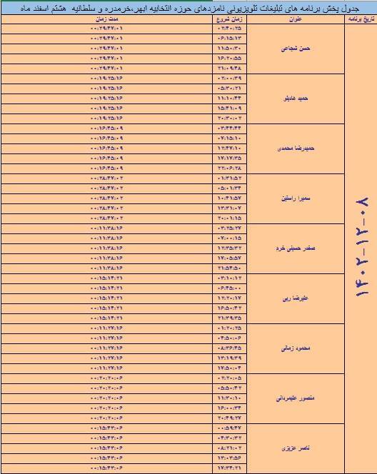 اعلام زمان بندی پخش برنامه های تبلیغاتی شهرستان های ابهر، خرمدره و سلطانیه